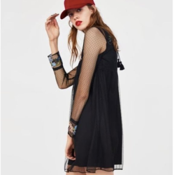 ZARA Plumetis Floral Camel Embroidered Black Mesh Mini Dress size M - Picture 11 of 12